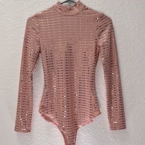 NEW Size Small Sparkly Coral Long Sleeve Mock Neck Stretchy Bodysuit Top Blouse